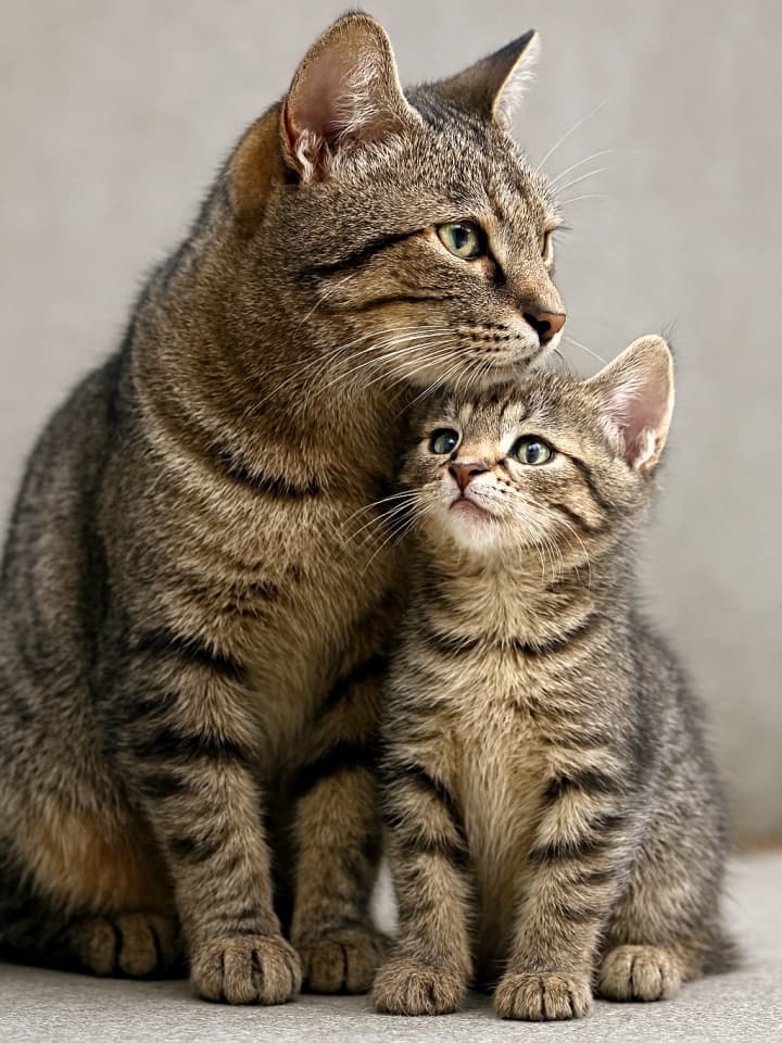 Adult tabby cat gently resting its head on a kitten’s head, both gazing upward with soft beige background, highlighting their tender bond.
