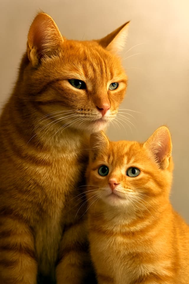 オレンジ色のタビー親子猫が並んで前を見つめる。穏やかな表情と柔らかな光に包まれ、親子の絆と安心感が伝わる一瞬