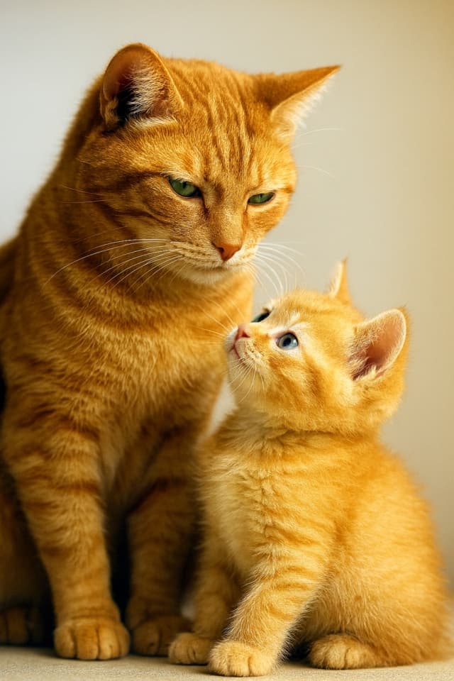 親猫が穏やかな眼差しで子猫を見下ろし、子猫が大きな瞳で見上げる。温かな背景に包まれ、親子の信頼と愛情が交差する瞬間