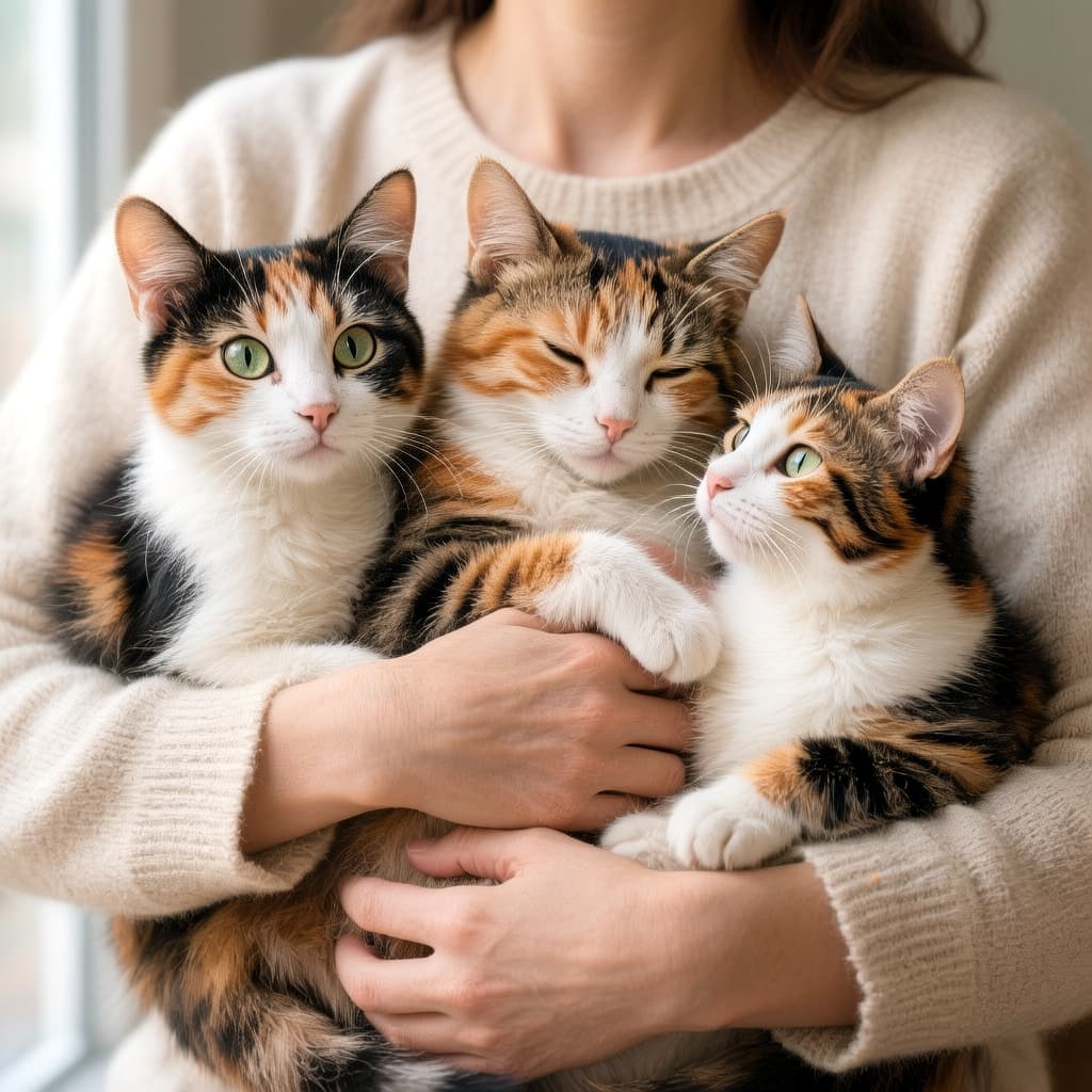 Three calico cats with black, orange, and white fur cradled in a cream sweater, two looking at the camera while the middle one rests with eyes closed in soft window light. クリーム色のセーターを着た人に抱かれた３匹の三毛猫。２匹はカメラを見つめ、中央の猫は目を閉じてリラックスしている。窓からの自然光が柔らかく照らしている