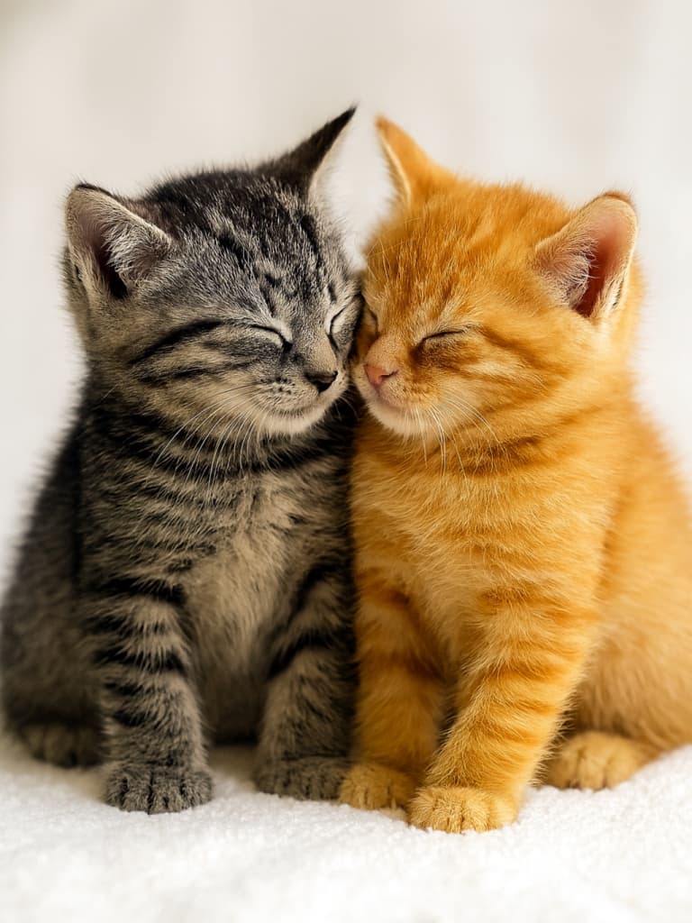 銀色の縞模様の子猫とオレンジ色の縞模様の子猫が、白いブランケットの上で前足を伸ばして座り、体を寄せ合って鼻と額を合わせている縦長写真。目を閉じて静かに寄り添う姿が、柔らかな光に包まれている