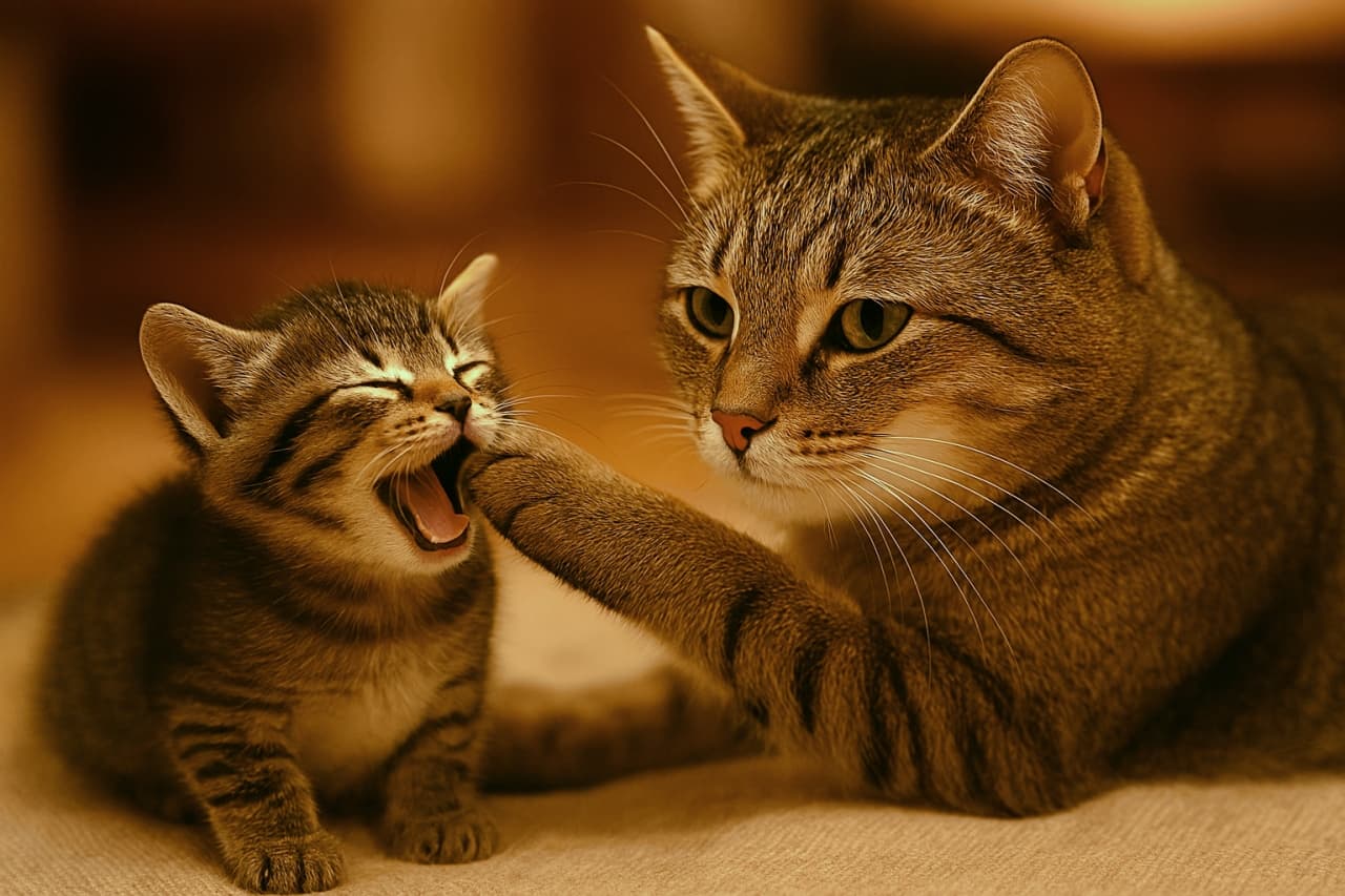 あくびをする子猫の口元に優しく前足を添える母猫。穏やかな表情で子猫を見つめる姿が、親子の温かい絆を感じさせる室内シーン