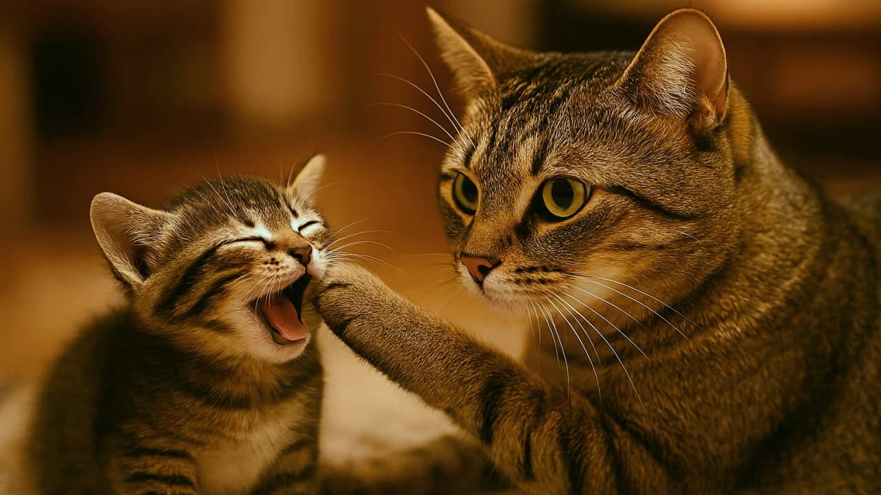 あくびをする子猫の口元に優しく前足を添える母猫。穏やかな表情で子猫を見つめる姿が、親子の温かい絆を感じさせる室内シーン