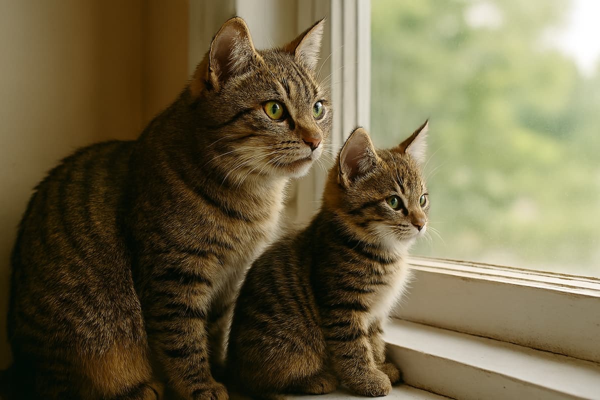 母猫と子猫が白い木枠の窓辺に並んで座り、外を見つめる様子。やわらかな日差しが毛並みを照らし、親子の温かな時間が流れている