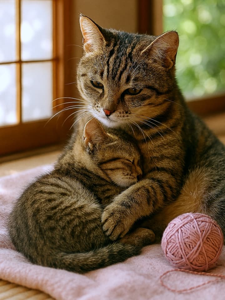 窓辺のやわらかな光に包まれたピンクの毛布の上で、母親猫が子猫を前足で抱きしめながら寄り添っている。2匹とも茶黒の縞模様で、子猫は安心したように眠っている。そばにはピンク色の毛糸玉が置かれ、温もりと愛情があふれる光景。A mother tabby cat sits on a soft pink blanket, gently wrapping its front legs around a sleeping kitten nestled against its chest. Both have brown and black striped fur. Sunlight streams through a wooden-framed window, and a pink ball of yarn rests nearby, adding to the cozy, affectionate scene.