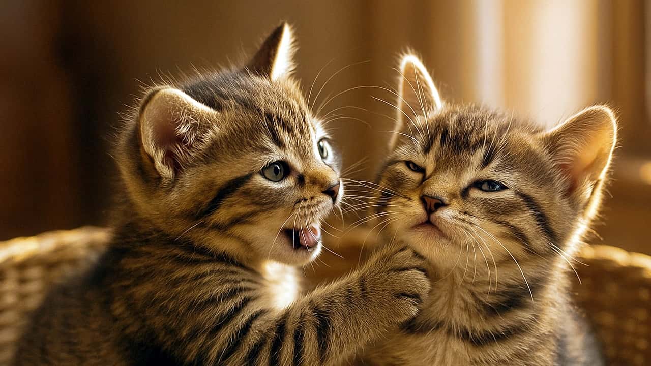 口を開けて鳴くような表情のキジトラ子猫が、隣の子猫の顎にそっと前足を添えている。柔らかな自然光に包まれた籠の中で、感情の温度差が際立つ一瞬