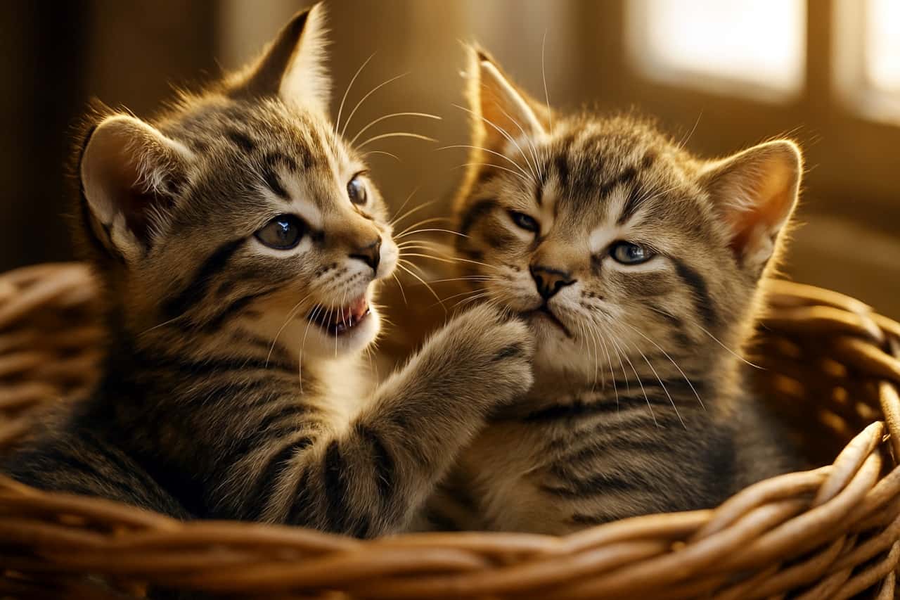 キジトラ子猫が籠の中で寄り添い、もう一匹の前足が自分の顎に触れているのを受け入れるように、穏やかで少し気の抜けた表情を浮かべている。窓辺の光が２匹の距離感を優しく照らす