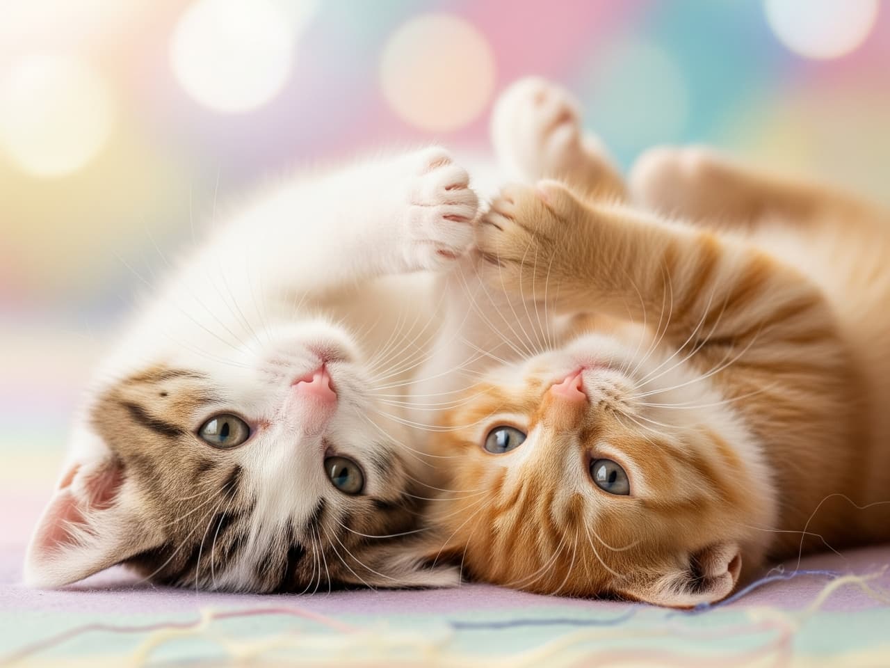 オレンジ色の縞模様の子猫と、白地に灰色と黒の模様を持つ子猫が、柔らかなパステル調の布の上で横になり、前足を触れ合わせながらカメラを見つめている。背景にはカラフルなボケが広がり、夢のような優しい雰囲気を演出している