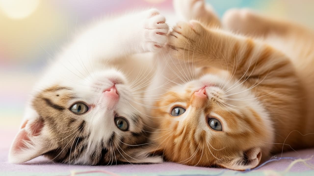 Two kittens lie side by side on a soft, pastel-colored surface. One has orange tabby fur, the other has white fur with gray and black markings. They gently touch paws while facing the camera, their bodies relaxed and close. The background is softly blurred with colorful bokeh lights, creating a dreamy and tender atmosphere.