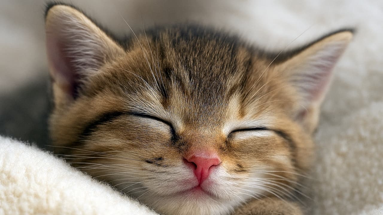 Horizontal close-up of a kitten sleeping with its face nestled in a fluffy blanket, pink nose and closed eyes centered in frame. 横長構図で、ふわふわ毛布に顔をうずめて眠る子猫。閉じた目とピンクの鼻が画面中央にあり、穏やかな眠りの瞬間を捉えている