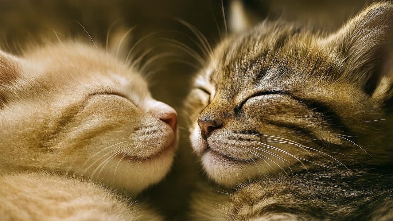 Two kittens sleep with their faces nestled together, noses gently touching. Their side profiles show closed eyes and soft fur, bathed in warm natural light that enhances the peaceful atmosphere. ２匹の子猫が顔を寄せ合い、鼻先を優しく触れながら眠っている。横顔が並び、ふわふわの毛並みと閉じた目が穏やかな安心感を伝える。暖かい自然光が毛並みを優しく照らしている