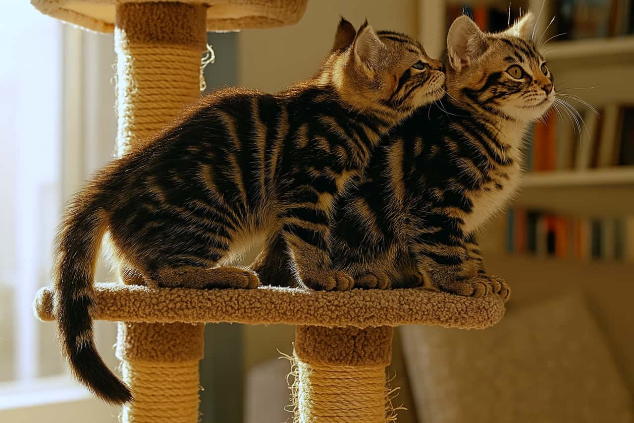 キャットタワーのベージュの台座に並んで座る二匹のキジトラ子猫。左の子猫が右の子猫の頬をなめ、右の子猫は横を見つめている。背景には本棚とソファがあり、窓から自然光が差し込んでいる