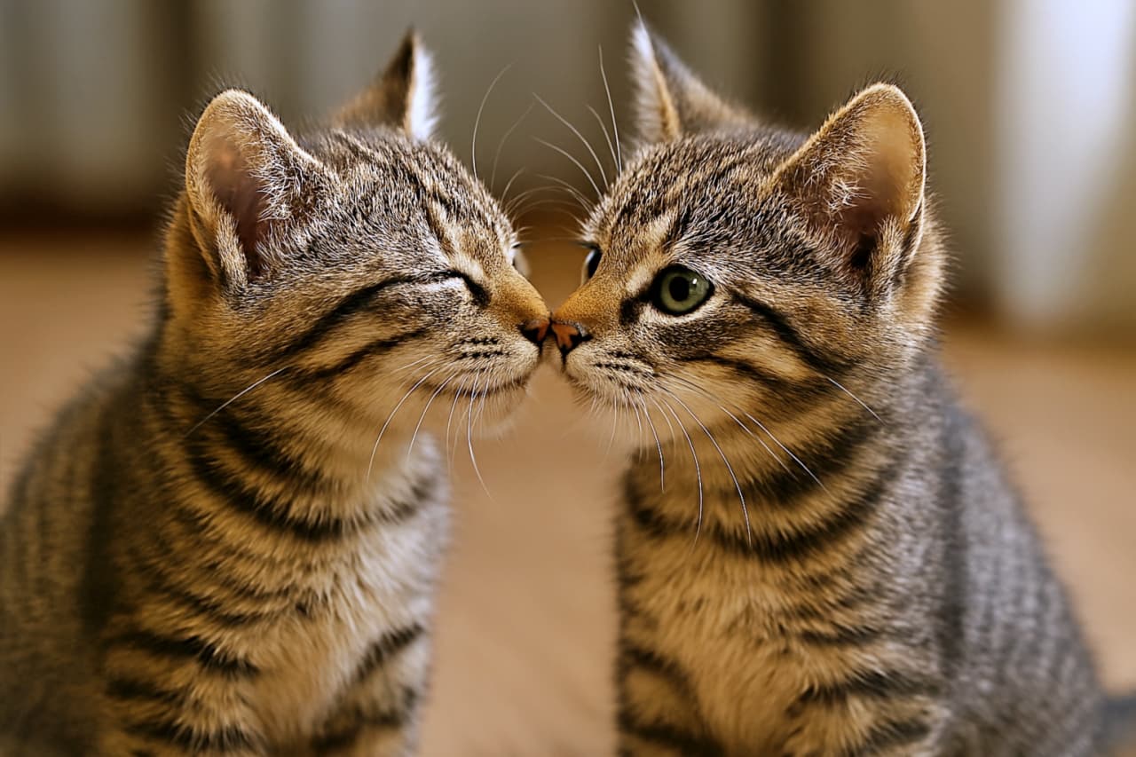 室内の柔らかな光の中で鼻先を合わせる２匹の茶トラ子猫。対称的な構図で向き合い、目を開けたまま互いを見つめている。背景はややぼかされている