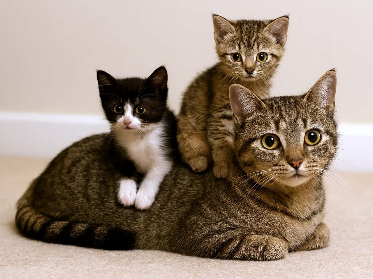 カーペットの上に横たわる成猫の背中に、2匹の子猫がちょこんと乗っている。1匹は成猫と同じ縞模様のタビー、もう1匹は白黒の毛並みで、胸元と顔が白く際立っている。室内の静かな空間で、子猫たちは安心した様子で成猫に寄り添っている