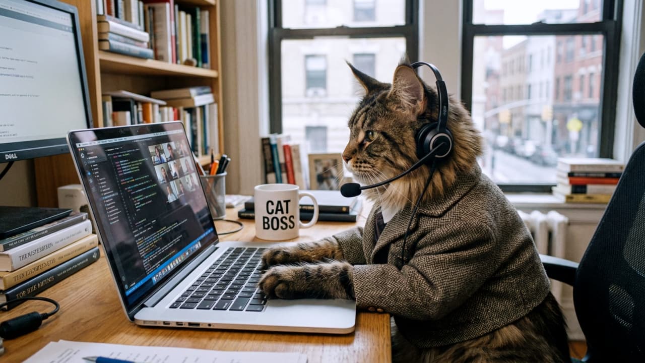 A slightly wide-angle photograph of a fluffy Maine Coon cat wearing a tweed jacket and a black headset with a boom microphone. The cat is sitting at a wooden desk with a multi-monitor setup. Its paws are on the laptop keyboard, and it is looking towards the external monitor (DELL brand). The laptop shows a video call and code editor. A white mug on the desk has the text "CAT BOSS". Books (with readable titles like "TOP KEYWORDS") are stacked. The background shows bookshelves and a large window looking out onto a city street with tall buildings. The light is bright. ツイードのジャケットと黒いヘッドセット（マイク付き）を着用した、毛足の長いメインクーン猫の少し広角の写真。猫はマルチモニター（DELLブランド）の木製デスクに座っている。前脚はノートパソコンのキーボードの上にあり、外部モニターを見ている。ノートパソコンにはビデオ通話とコードエディタが表示されている。デスク上の白いマグカップには「CAT BOSS」の文字がある。本（「TOP KEYWORDS」などのタイトルが読める）が積み上げられている。背景には本棚と、高層ビルのある街並みが見える大きな窓がある。光は明るい